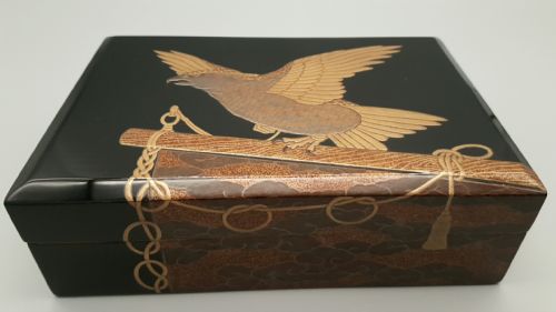 Lovely Japanese Meiji or Taisho (Early 20thc) Rectangular Lacquer Box with Hawk Decoration