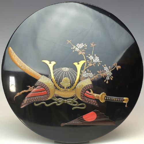 outstanding japanese meiji late 19thc circular black lacquer writing box suzuribako with samurai helmet decoration - CATEGORY: ANTIQUE BOXES - DATED 19TH CENTURY