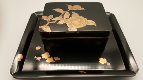 attractive japanese taisho early 20thc black and gold lacquer camellia box and cover with matching tray by heian zohiko - CATEGORY: ANTIQUE BOXES - DATED 1910
