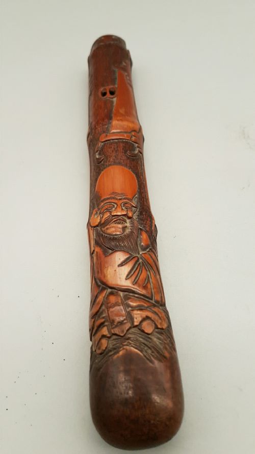 japanese meiji 19thc intricately carved wooden pipecase kiseruzutsu of otoshizutsu form depicting fukurokuju - CATEGORY: ANTIQUE MISCELLANEOUS - DATED 19TH CENTURY