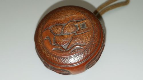 rare japanese meiji 19thc boxwood manju ryusa netsuke of tower landscape design - CATEGORY: ANTIQUE MISCELLANEOUS - DATED 19TH CENTURY