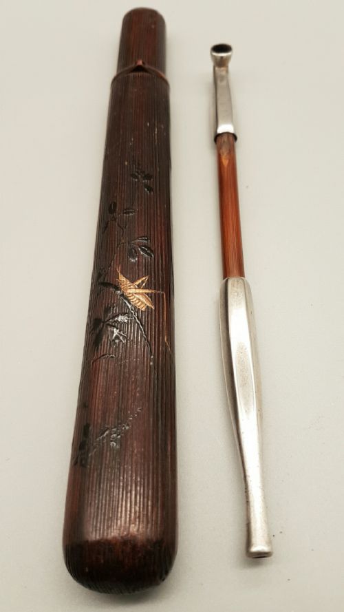 superb japanese meiji 19thc bamboo lacquer pipecase kiseruzutsu with grasshopper on foliage and a silver pipe kiseru - CATEGORY: ANTIQUE MISCELLANEOUS - DATED 19TH CENTURY