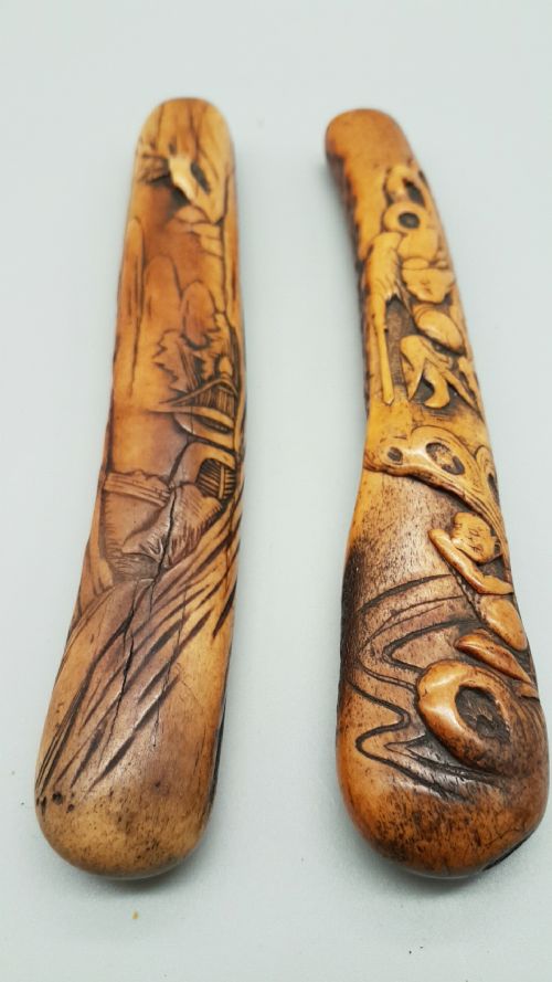 two nice japanese meiji 19thc stag antler pipecases kiseruzutsu carved in relief - CATEGORY: ANTIQUE MISCELLANEOUS - DATED 19TH CENTURY