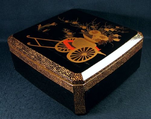 attractive japanese meijitaisho early 20thc lacquer document box bunko with flower cart decoration - CATEGORY: ANTIQUE BOXES - DATED 1900