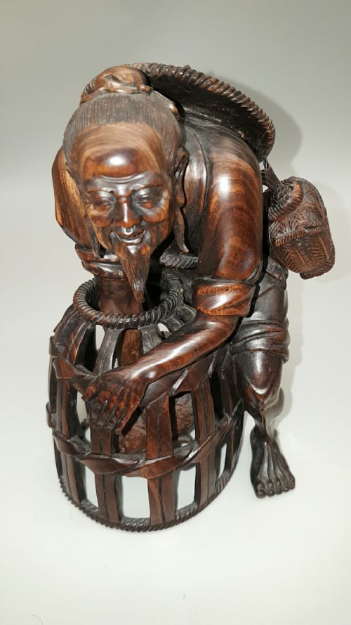 superb chinese antique late 19thc iron wood carving of a fisherman - CATEGORY: ANTIQUE SCULPTURES - DATED 19TH CENTURY