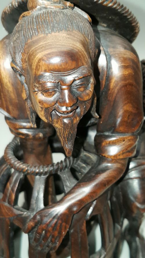 SUPERB CHINESE ANTIQUE LATE 19THC IRON WOOD CARVING OF A FISHERMAN - ADDITIONAL PHOTO 6