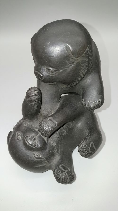 delightful small japanese meijitaisho early 20thc bronze of two playing puppies signed akimitsu - CATEGORY: ANTIQUE SCULPTURES - DATED 1910