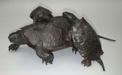 Japanese Meiji Bronze Okimono of Three Turtles by Nogami Ryuki