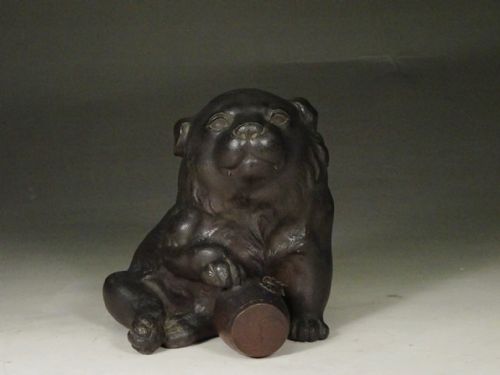 charming japanese meiji late19thearly 20thc bronze puppy with a drum tokumitsu - CATEGORY: ANTIQUE SCULPTURES - DATED 19TH CENTURY