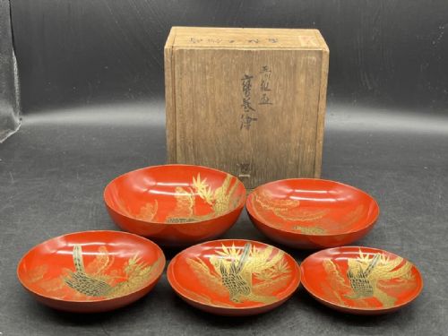 BEAUTIFUL SET OF FIVE JAPANESE MEIJITAISHO EARLY 20THC LACQUER SAKE CUPS SAKAZUKI HAWKS - ADDITIONAL PHOTO 1