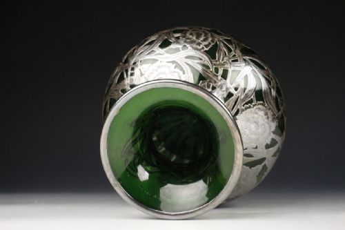 STUNNING AMERICAN ART NOUVEAU EARLY 20THC SILVERENCASED GREEN GLASS VASE ALVIN CORP - ADDITIONAL PHOTO 2