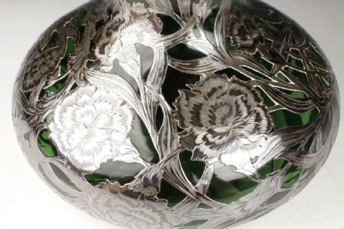 STUNNING AMERICAN ART NOUVEAU EARLY 20THC SILVERENCASED GREEN GLASS VASE ALVIN CORP - ADDITIONAL PHOTO 5