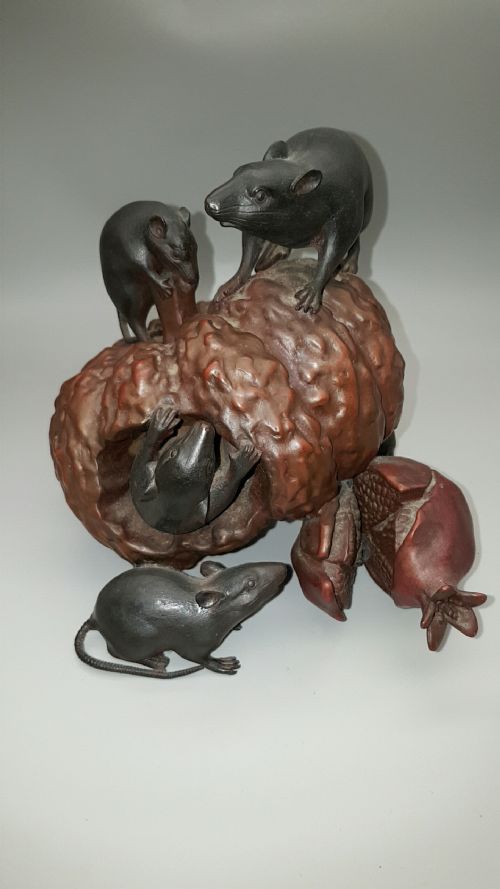 superb japanese meiji late 19thc bronze okimono pumpkin rats seisai - CATEGORY: ANTIQUE SCULPTURES - DATED 19TH CENTURY