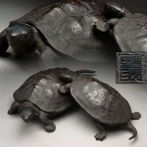 JAPANESE ANTIQUE 1919 TAISHO BRONZE OKIMONO OF TWO TURTLES STYLE OF MURATA SEIMIN - ADDITIONAL PHOTO 16