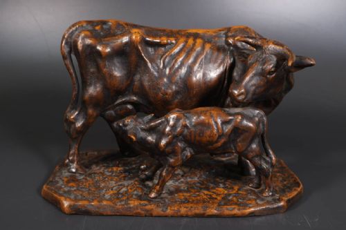 splendid japanese antique 19thc bronze cow and calf - CATEGORY: ANTIQUE SCULPTURES - DATED 19TH CENTURY