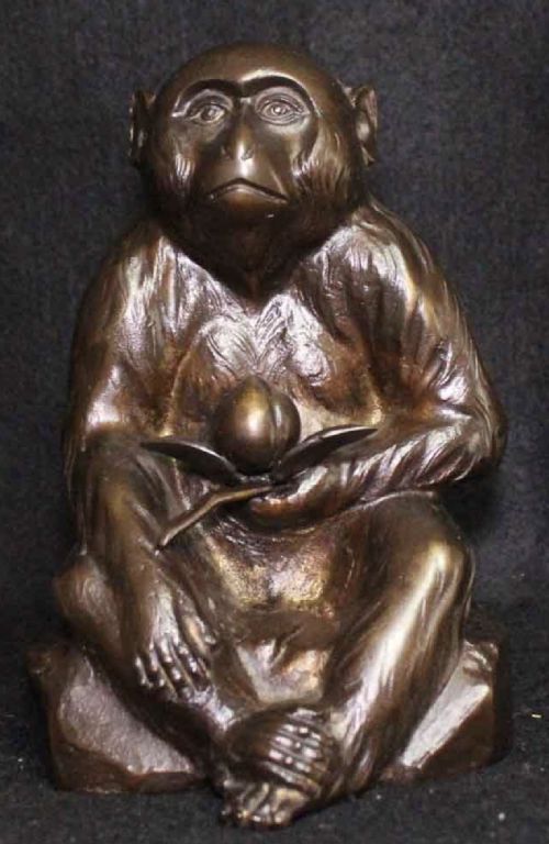 superb japanese antique 1920s bronze monkey peach watanabe kansui - CATEGORY: ANTIQUE SCULPTURES - DATED 1920