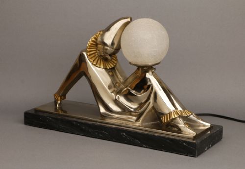 SUPERB FRENCH ART DECO PIERROT CLOWN TABLE LAMP MARCEL ANDR BOURAINE - ADDITIONAL PHOTO 1