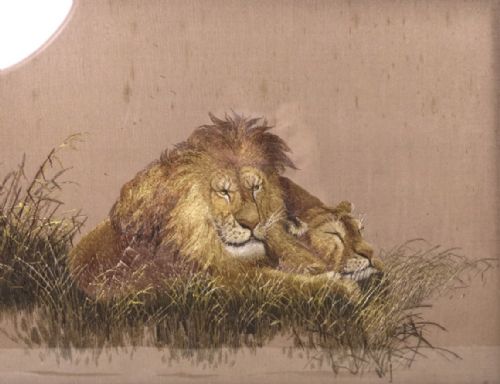japanese meijitaisho early 20thc silk embroidered panel of lions kamisaka shoto - CATEGORY: ANTIQUE ART - DATED 1910