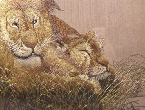 JAPANESE MEIJITAISHO EARLY 20THC SILK EMBROIDERED PANEL OF LIONS KAMISAKA SHOTO - ADDITIONAL PHOTO 3