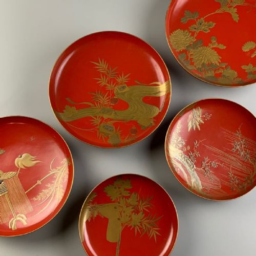 beautiful japanese meijitaisho early 20thc set of 5 large vermillion lacquer bowls - CATEGORY: ANTIQUE MISCELLANEOUS - DATED 1910