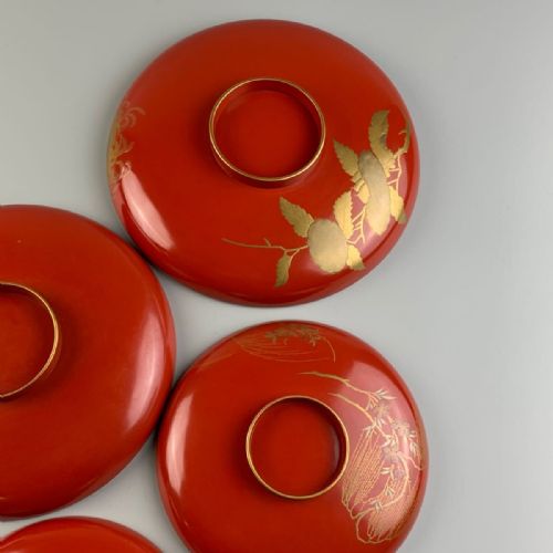 BEAUTIFUL JAPANESE MEIJITAISHO EARLY 20THC SET OF 5 LARGE VERMILLION LACQUER BOWLS - ADDITIONAL PHOTO 8