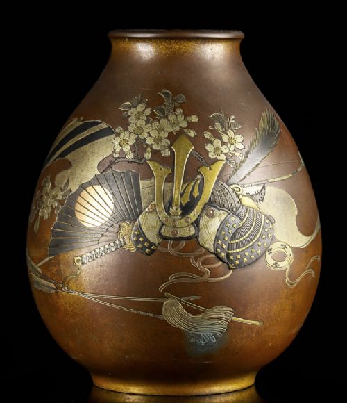 STRIKING JAPANESE MEJI LATE 19THC BRONZE VASE SAMURAI HELMET YOSHIHIRO