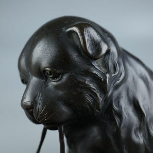 CHARMING MEIJI EARLY 20THC BRONZE PUPPY STRAW HAT SEIKO - ADDITIONAL PHOTO 4