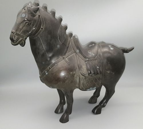 CHINESE ANTIQUE EARLY 20THC HEAVY TANG WARRIOR BRONZE WAR HORSE - ADDITIONAL PHOTO 1