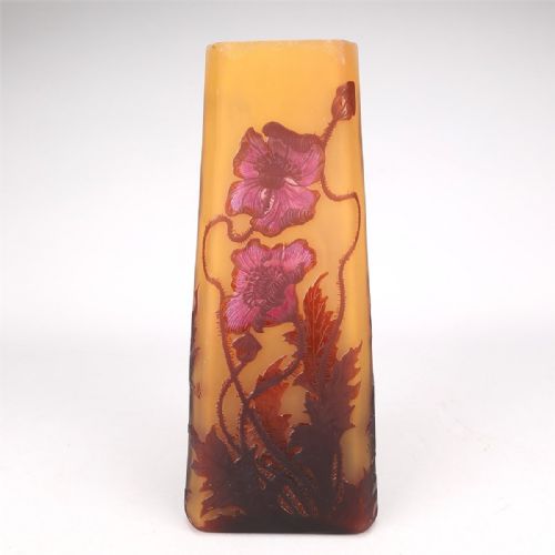 Beautiful French Art Nouveau Large Gallé Triangular Glass Vase, Poppies