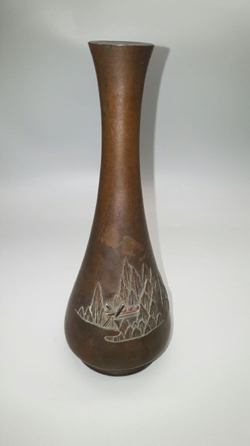 beautiful japanese meiji early 20thc small bronze vase w silver inlay forest shrine - CATEGORY: ANTIQUE METAL - DATED 1910