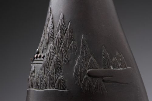 BEAUTIFUL JAPANESE MEIJI EARLY 20THC SMALL BRONZE VASE W SILVER INLAY FOREST SHRINE - ADDITIONAL PHOTO 8