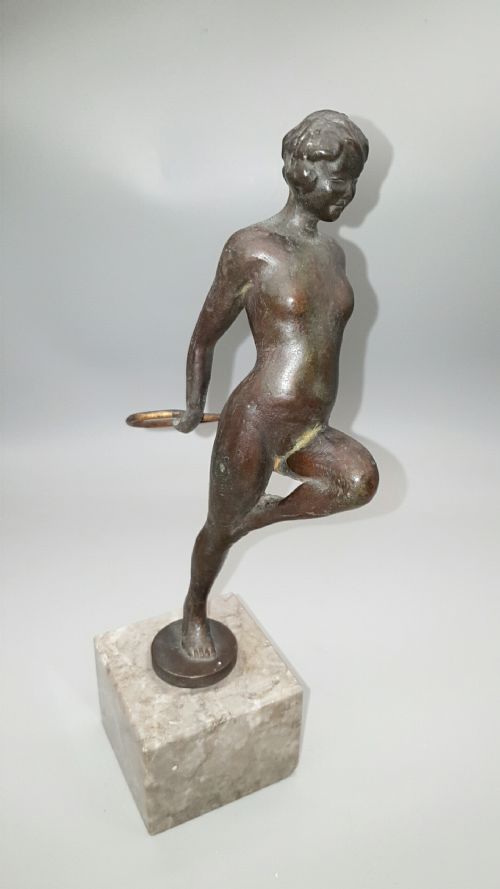 FRENCH ART DECO 1930S BRONZE NUDE HOOP DANCER ON MARBLE BASE - ADDITIONAL PHOTO 1