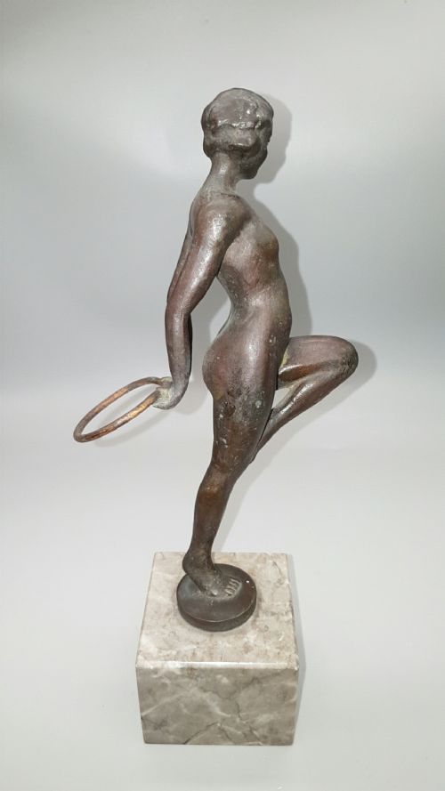 FRENCH ART DECO 1930S BRONZE NUDE HOOP DANCER ON MARBLE BASE - ADDITIONAL PHOTO 4