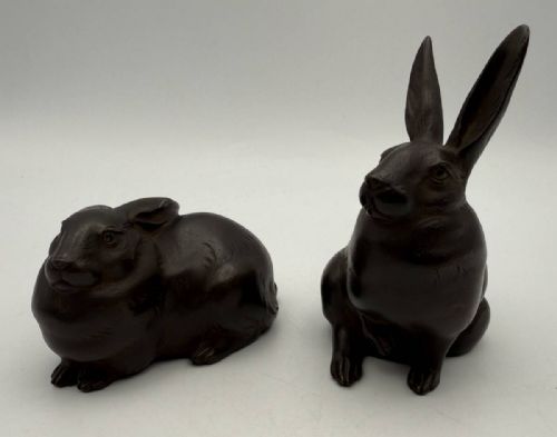 charming japanese antique early 20thc pair of bronze hares hidekoku - CATEGORY: ANTIQUE SCULPTURES - DATED 1910