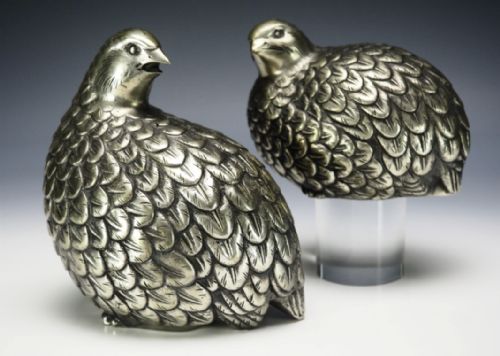 Beautiful Japanese Antique (Early 20thc) Cupronickel Pair Quail Sculptures, Saisai