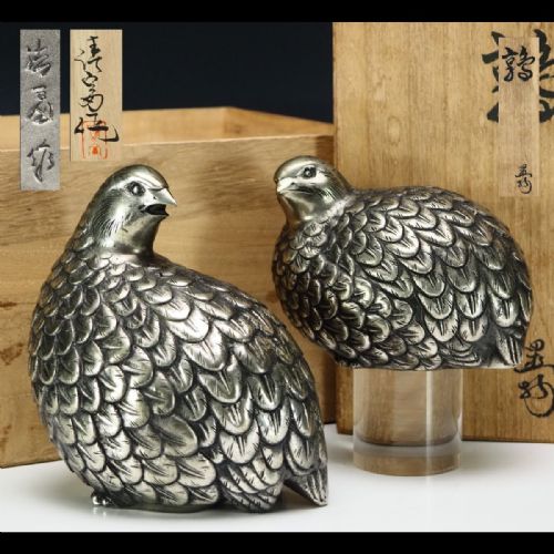 fig 1. Beautiful Japanese Antique (early 20thC) Cupronickel Pair Quail Sculptures, Saisai