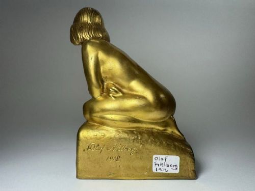 RARE SWEDISH ANTIQUE 1912 GOLD PATINATED BRONZE FEMALE NUDE SCULPTURE OLOF AHLBERG - ADDITIONAL PHOTO 2