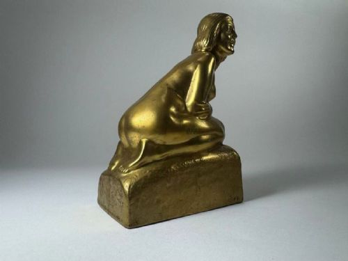 RARE SWEDISH ANTIQUE 1912 GOLD PATINATED BRONZE FEMALE NUDE SCULPTURE OLOF AHLBERG - ADDITIONAL PHOTO 4