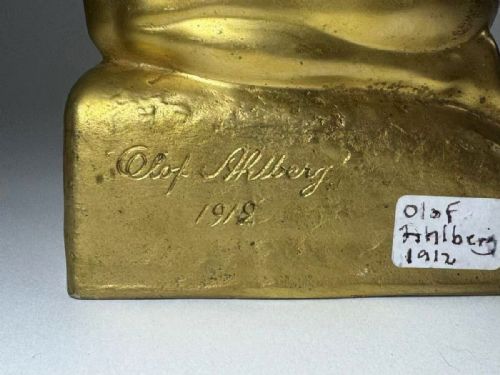 RARE SWEDISH ANTIQUE 1912 GOLD PATINATED BRONZE FEMALE NUDE SCULPTURE OLOF AHLBERG - ADDITIONAL PHOTO 6