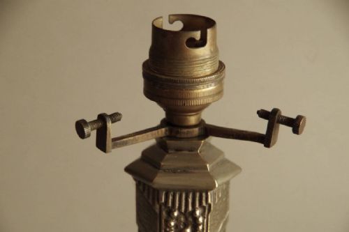 STRIKING FRENCH ART DECO 1930S NICKEL TABLE LAMP MULLER BROS SHADE - ADDITIONAL PHOTO 3