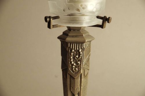 STRIKING FRENCH ART DECO 1930S NICKEL TABLE LAMP MULLER BROS SHADE - ADDITIONAL PHOTO 7