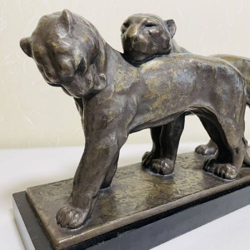 STRIKING FRENCH ART DECO CA 1930 BRONZE STATUE OF TWO PANTHERS ANDREVINCENT BECQUEREL - ADDITIONAL PHOTO 1