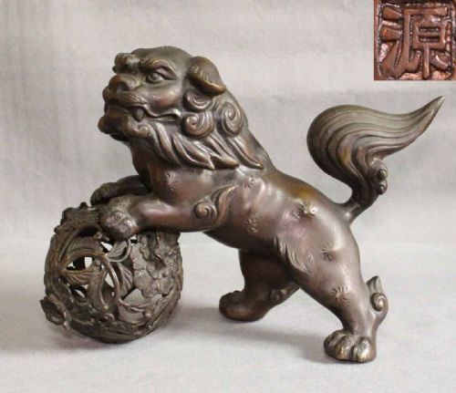 SUPERB JAPANESE ANTIQUE EARLY 20THC BRONZE TEMPLE LION SHISHI BALL MINAMOTO - ADDITIONAL PHOTO 7