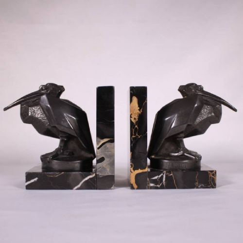 rare french art deco ca 1925 pair of bronzemarble pelican bookends max le verrier - CATEGORY: ANTIQUE MISCELLANEOUS - DATED 1920