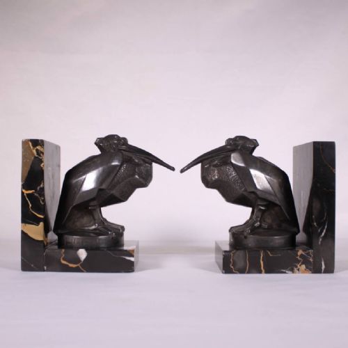 RARE FRENCH ART DECO CA 1925 PAIR OF BRONZEMARBLE PELICAN BOOKENDS MAX LE VERRIER - ADDITIONAL PHOTO 1