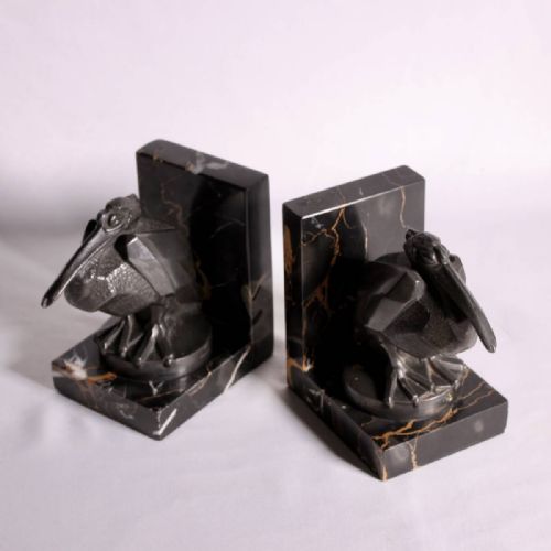 RARE FRENCH ART DECO CA 1925 PAIR OF BRONZEMARBLE PELICAN BOOKENDS MAX LE VERRIER - ADDITIONAL PHOTO 2