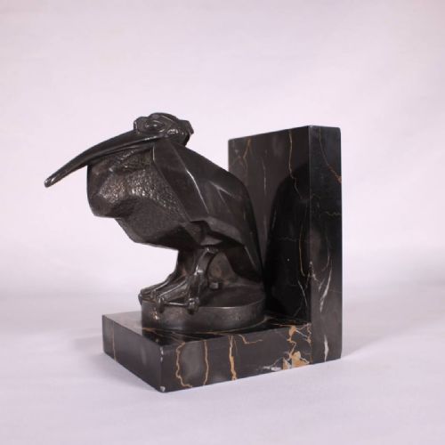 RARE FRENCH ART DECO CA 1925 PAIR OF BRONZEMARBLE PELICAN BOOKENDS MAX LE VERRIER - ADDITIONAL PHOTO 3