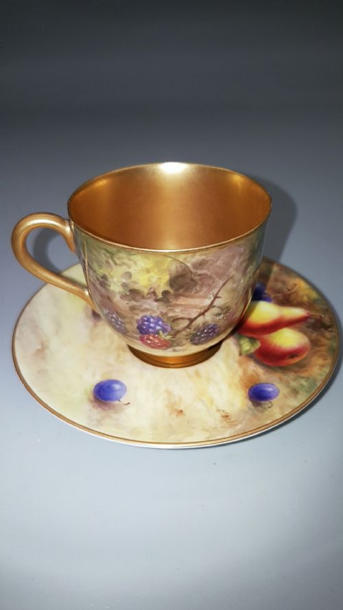 ROYAL WORCESTER PAINTED FRUIT MINIATURE CUP AND SAUCER GILT INTERIOR SETBRIGHT - ADDITIONAL PHOTO 1