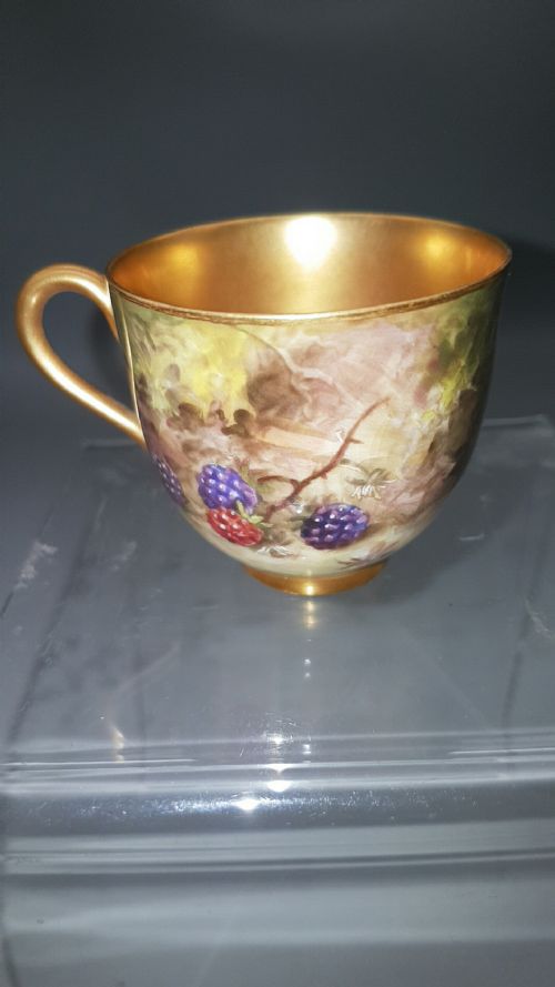 ROYAL WORCESTER PAINTED FRUIT MINIATURE CUP AND SAUCER GILT INTERIOR SETBRIGHT - ADDITIONAL PHOTO 5
