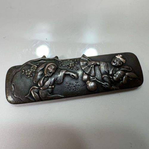 rare japanese antique late 19thc bronzesilver tobacco pouchpurse clasp noh dancers - CATEGORY: ANTIQUE METAL - DATED 19TH CENTURY